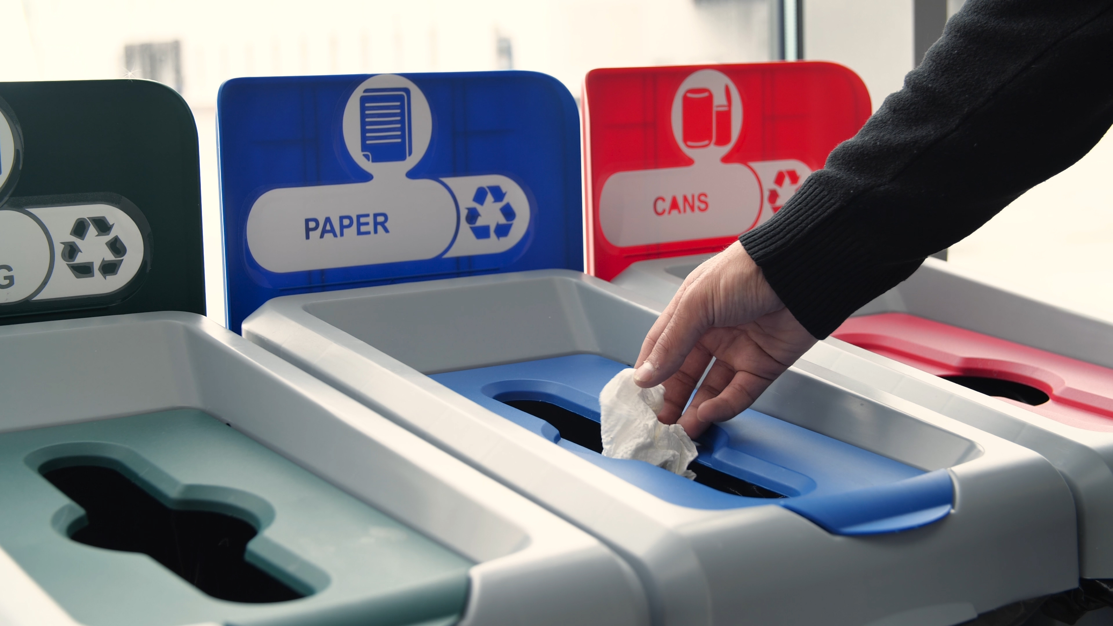 Recycling bins placed in an eco friendly office