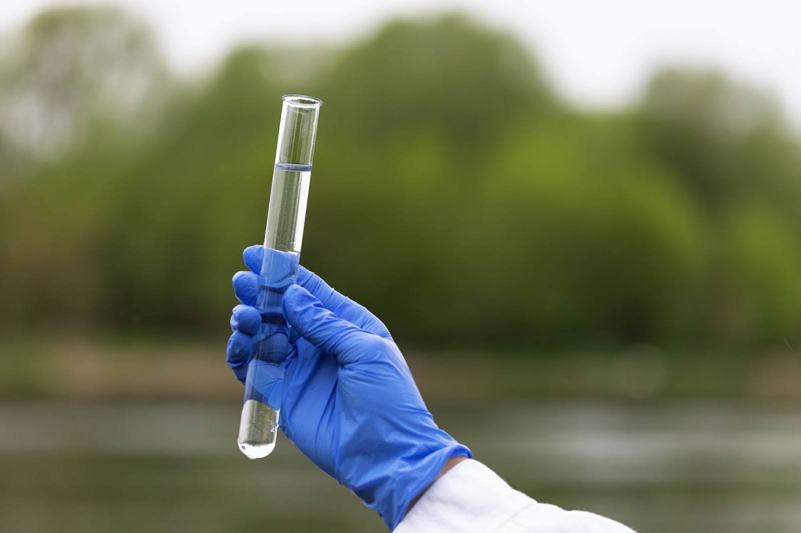 A hand with a blue glove holding a test tube with water