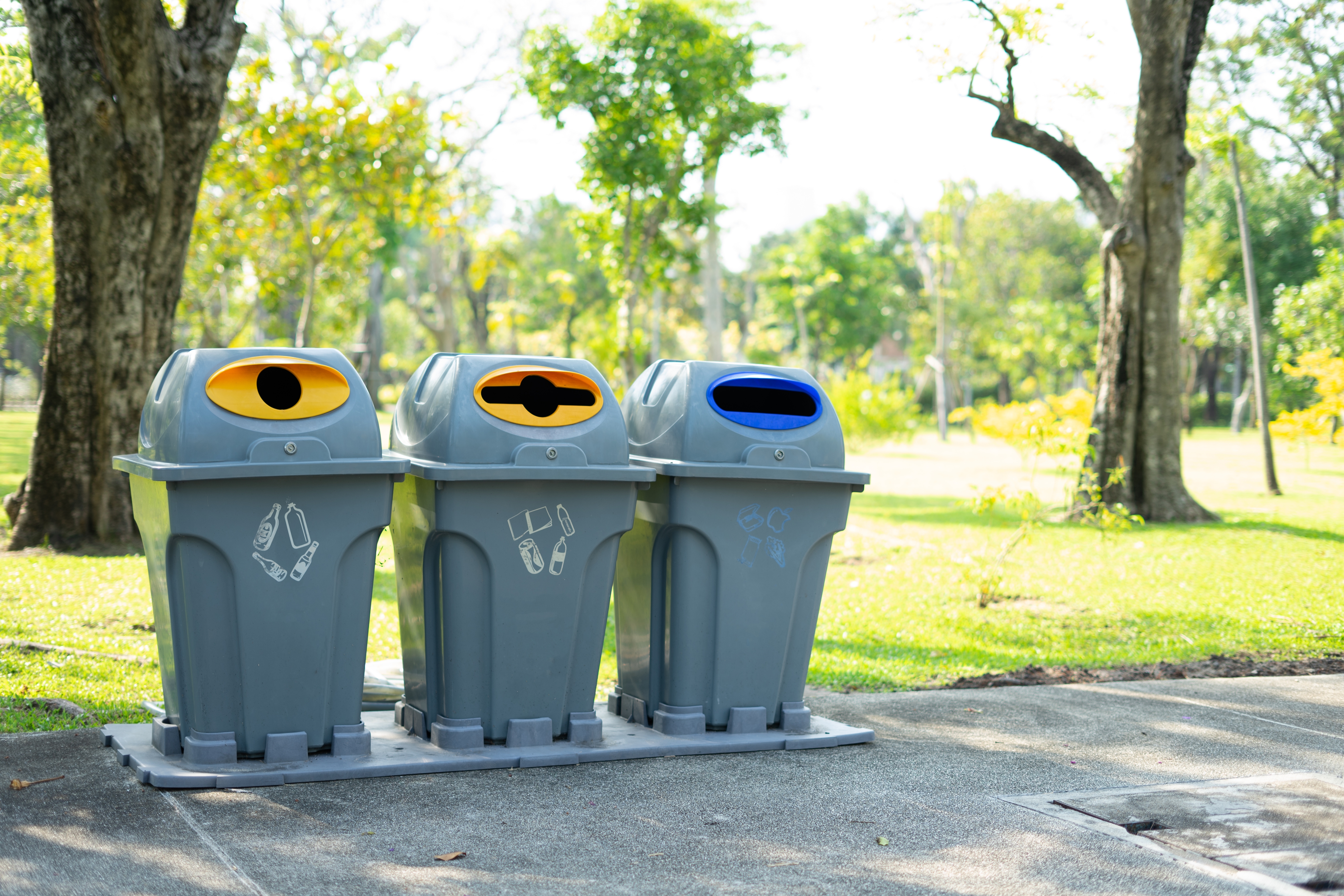 Recycling bins on a university campus