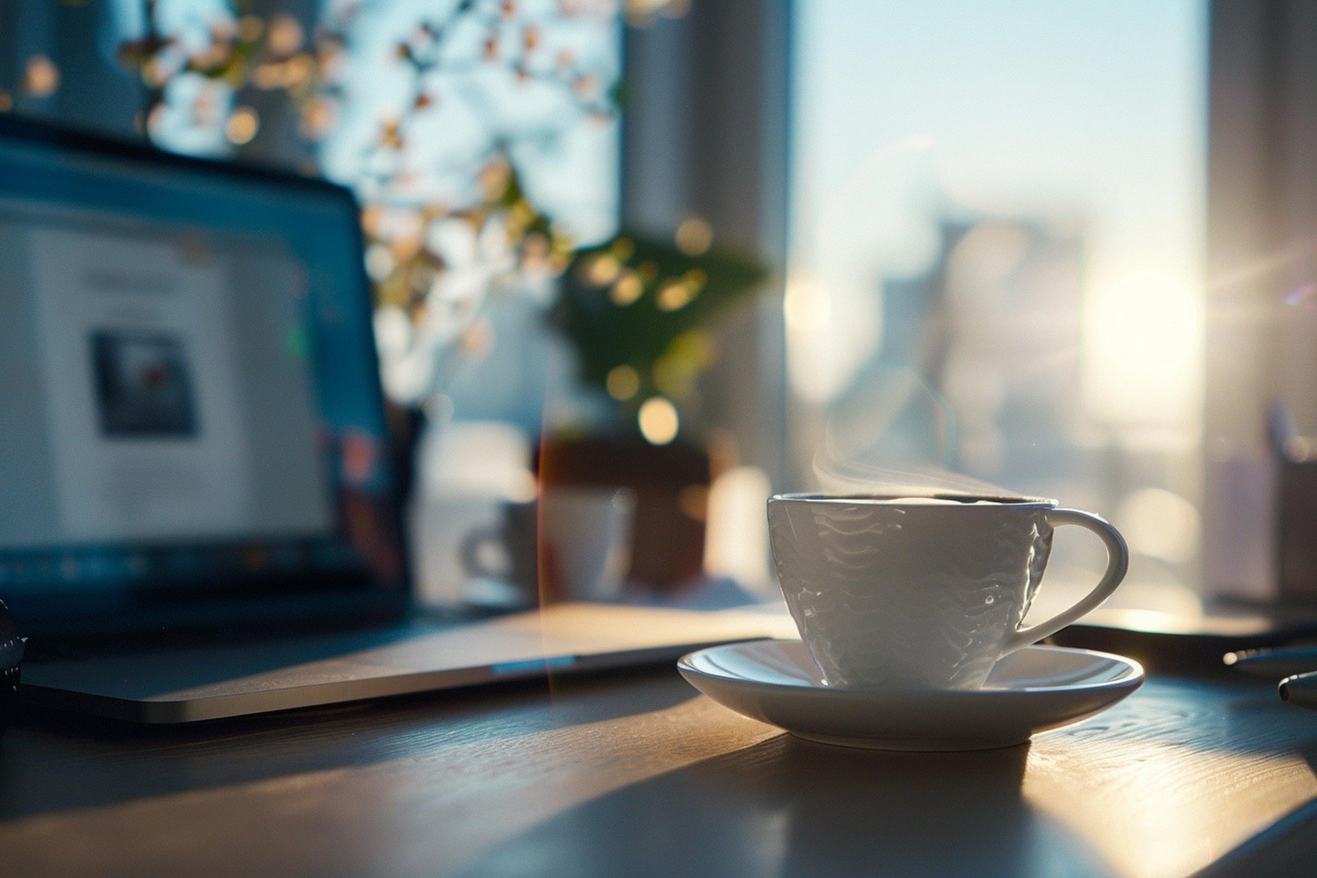 A hot drink and laptop in the winter sun